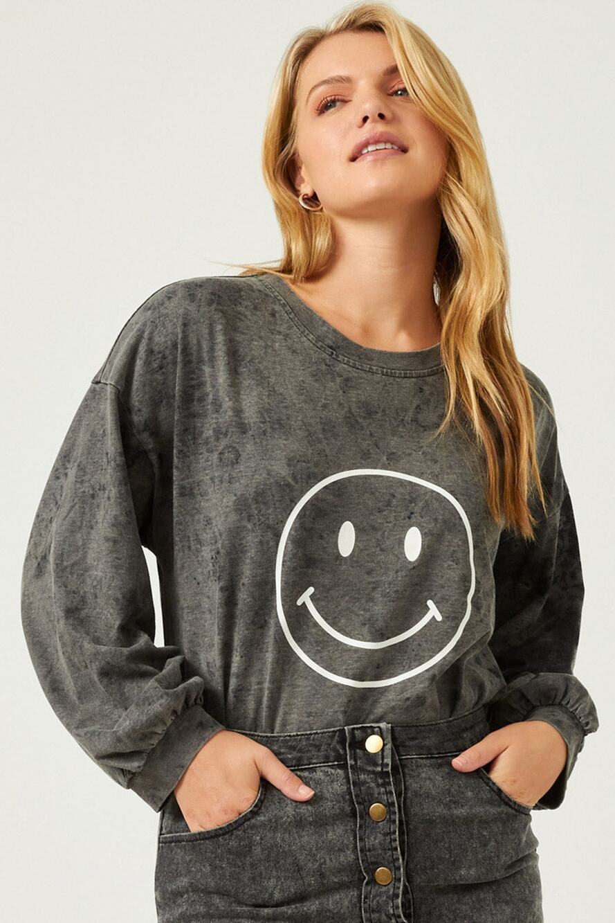 HAYDEN Sunni Smiley Face Black Wash Sweatshirt Misses Large